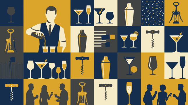 Minimalist grid layout featuring a bartender pouring cocktails among various bar icons like shakers and corkscrews, representing nightlife entertainment, illustrating beverage menu design
