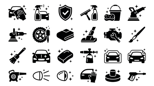 Comprehensive set of black car detailing and auto cleaning service icons on white background, representing professional automotive maintenance services and illustrating vehicle care branding