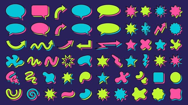 Collection of vibrant retro y2k graphic elements featuring colorful speech bubbles arrows stars and abstract squiggles on dark background, symbolizing creative digital marketing or art