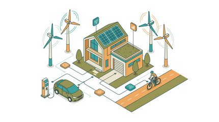 Naklejka premium Isometric illustration of a modern eco-friendly smart home with solar panels and wind turbines on white background, representing urban development and provides green energy concepts