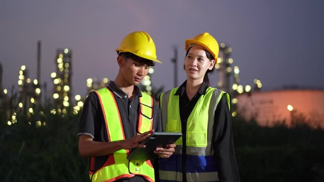 Industrial engineers conducting site inspection at a manufacturing facility using digital technology. Workplace safety, engineering operations, industrial management and smart factory monitoring.