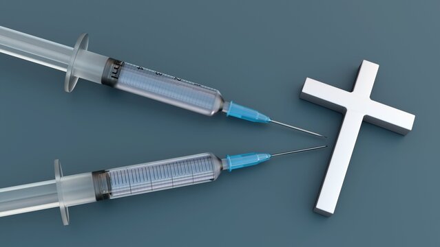 A 3D rendering of Christian cross and medical syringes filled with a fluid and fitted with needles. It represents the harmony between divine healing and scientific intervention.