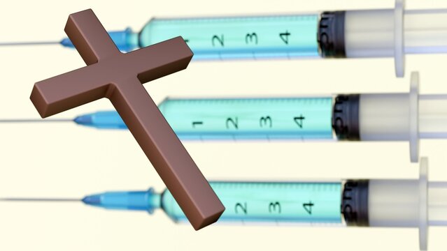 A 3D rendering of Christian cross and medical syringes filled with a fluid and fitted with needles. It represents the harmony between divine healing and scientific intervention.
