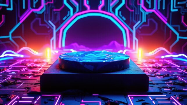 Futuristic pedestal glows with vibrant neon lights. Digital patterns surround central object, creating immersive scene.