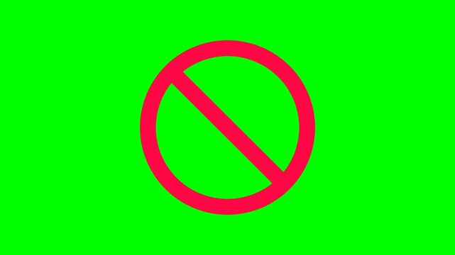 Red prohibition sign stamping on green screen using standard scale zoom in style and rotating spinning landing animation