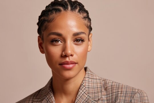The woman in a checked blazer with braided hairstyle and subtle nose piercing