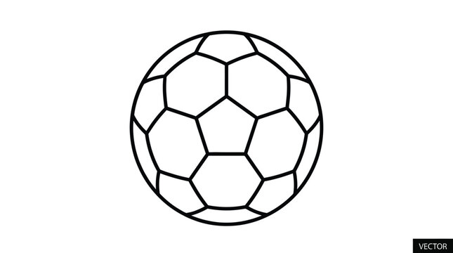 Simple black and white outline illustration of a classic soccer ball featuring geometric hexagonal and pentagonal panels for sports related graphic design projects rendered as a clean icon on white ba