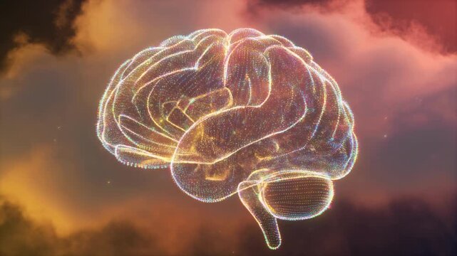Abstract glowing brain illustration in colorful clouds.