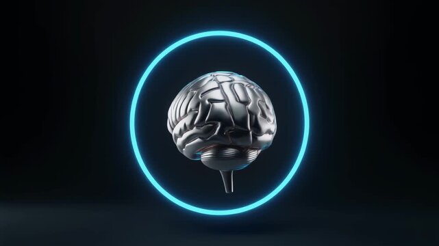 Futuristic Metallic Brain Encased in Neon Blue Circle.