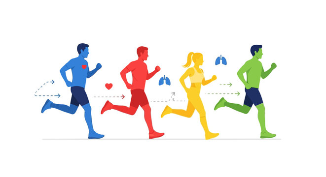 Diverse runners, health icons, fitness, active lifestyle, sport, wellness, cardio, lungs