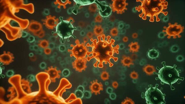 Microscopic view of glowing orange and green virus particles floating in dark space.