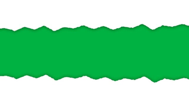 Horizontal rip white paper transition revealing greenscreen chroma key background with soft drop shadows and torn fibers