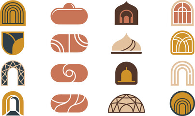 Set of minimalist architectural arch and dome featuring various shapes and earth tone colors on a white background © MD