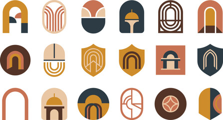 Collection of geometric arch and dome in earth tones featuring minimalist shapes and architectural on a white background © MD