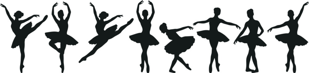 Collection of black silhouettes of ballerinas performing various dance poses and ballet moves on a white background © MD