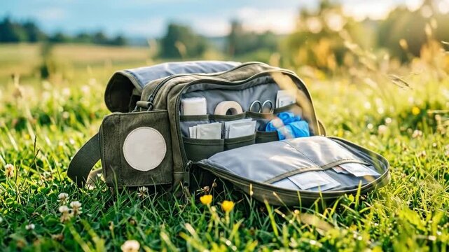 Open green backpack with first aid supplies on grassy meadow at sunset. Rescue preparedness and community help concept in nature setting