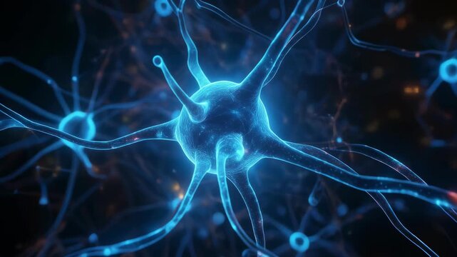 Abstract visualization of glowing blue neurons firing and transmitting signals.
