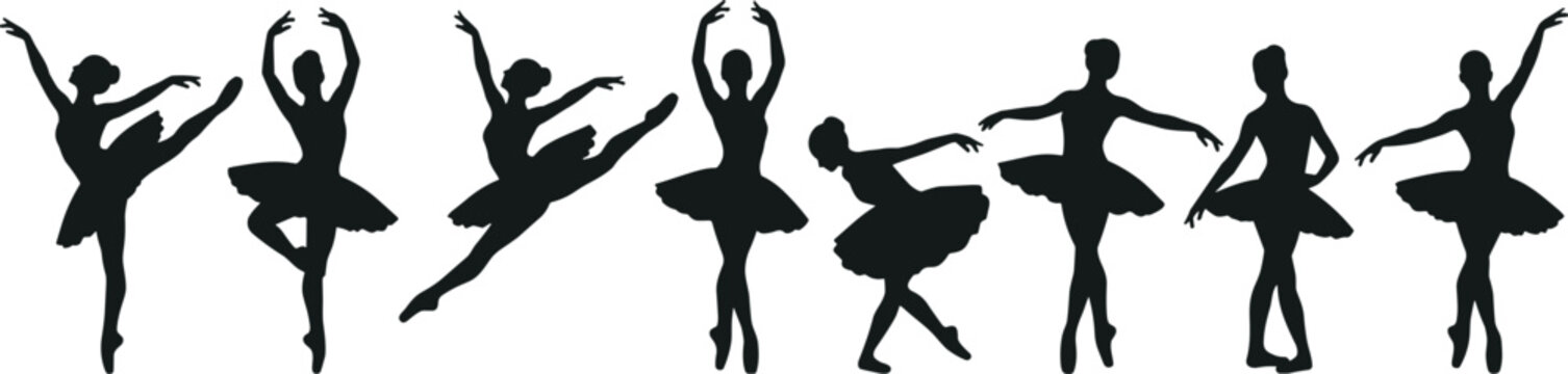 Collection of black silhouettes of ballerinas performing various dance poses and ballet moves on a white background