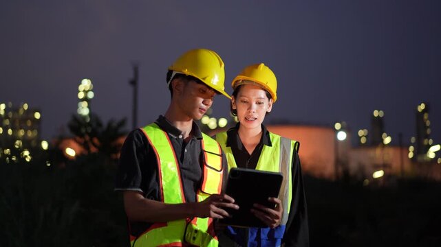 Industrial engineers conducting site inspection at a manufacturing facility using digital technology. Workplace safety, engineering operations, industrial management and smart factory monitoring.