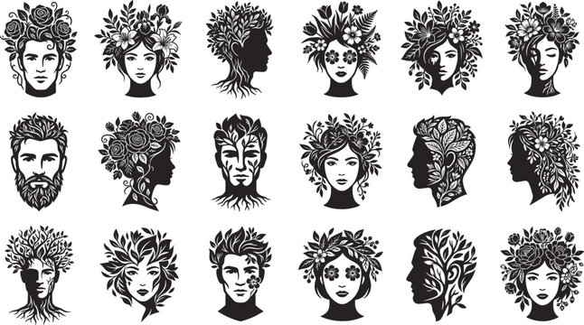 Fifteen black and white featuring male and female faces combined with intricate floral arrangements, leafy hair, tree roots, and botanical patterns, isolated on a white background