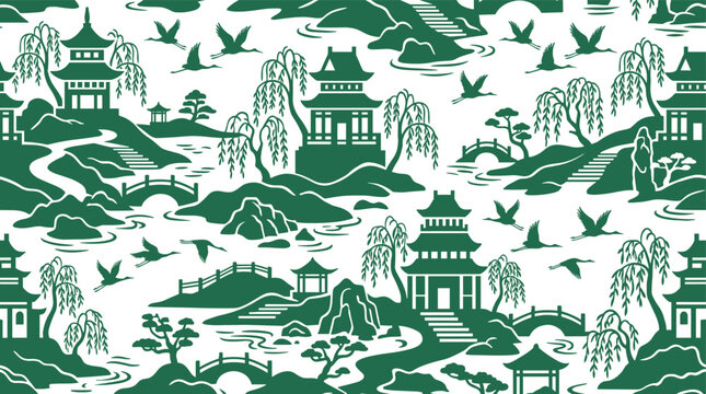 Seamless pattern featuring traditional asian landscape with pagodas, bridges, and cranes