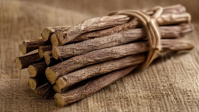 Bundle of dried licorice roots on burlap fabric, textural detail.