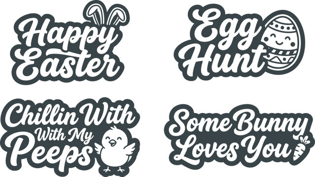 Set of four easter themed stickers featuring playful typography, cute bunny ears, decorated eggs, a small chick, and a carrot on a white background