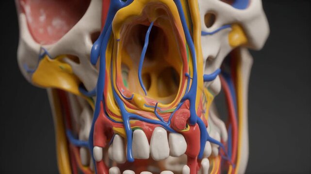 Detailed Anatomical Model of Human Skull with Visible Nerves and Blood Vessels.