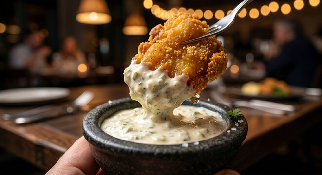 &nbsp;A side-view macro shot of a fried catfish nugget being dipped into a thick cream-colored tartar sauce. The rough, jagged cornmeal crust is captured mid-dip, 