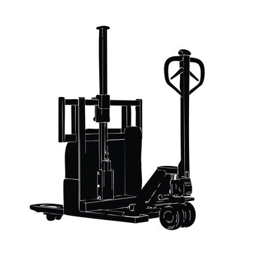 Industrial electric pallet stacker vehicle for warehouse material handling.