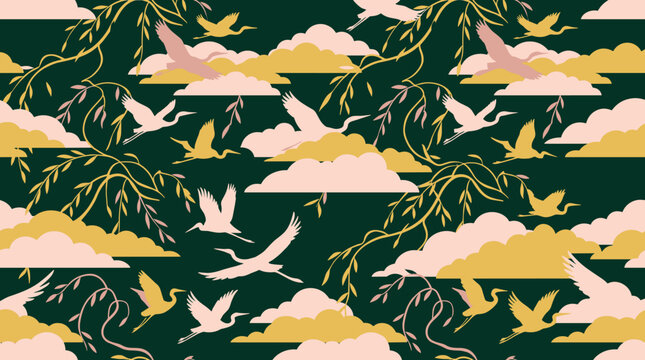 Seamless pattern featuring flying cranes, willow branches, and soft clouds in muted pink, gold, and deep forest green colors for textile or wallpaper backgrounds