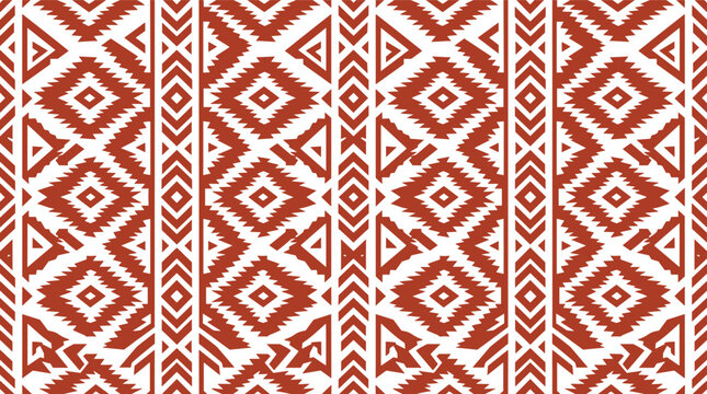 Geometric ethnic tribal pattern with symmetrical zigzag lines and diamond shapes in burnt orange and white colors for textile prints or decorative backgrounds
