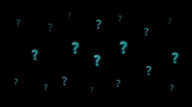Glowing teal question marks floating on black background for digital trivia game shows and futuristic decision animation