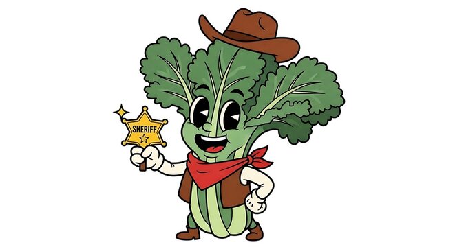 Cartoon green monster with leafy hat and scarf.