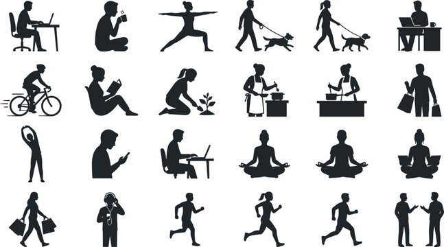 Set of human activity silhouettes showing people working exercising shopping and relaxing in daily life scenarios isolated on a white background