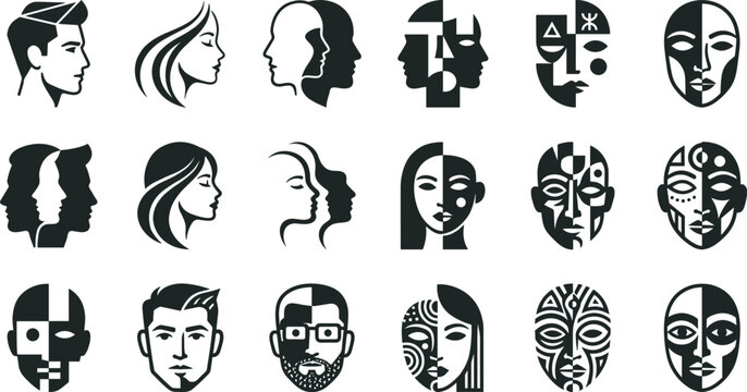 Diverse set of human face and abstract masks featuring split faces, geometric patterns, and profile silhouettes in a bold black and white style for creative applications