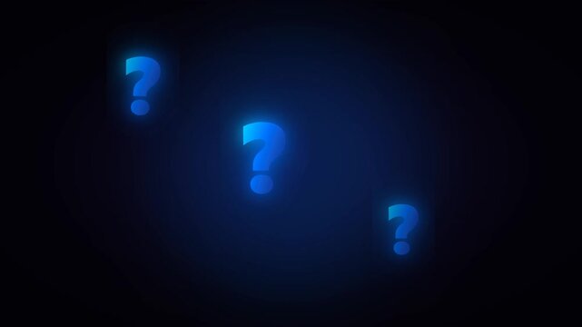 Neon cyan and indigo question marks floating on dark glowing background for mysterious quiz broadcast and modern concept