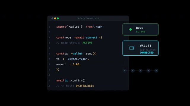 Programming code editor shows active node wallet connection status, suitable for software development interfaces. Ui design for tracking wallet connection status.