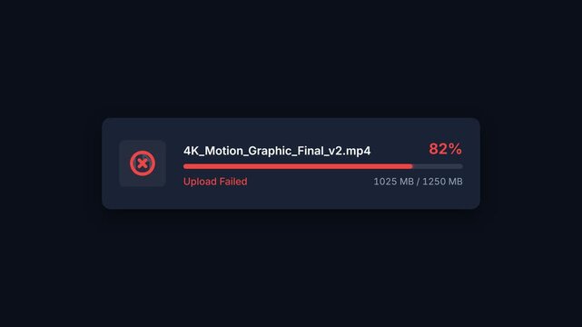 Upload failure notification, progress bar stuck at 82%, red error icon, representing technology issues, symbolizing failed uploads and digital errors.