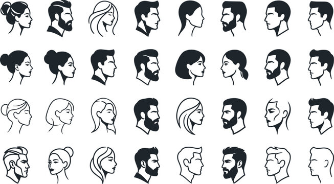 Set of thirty black and white profile showing various men and women with different hairstyles and beard styles, isolated on a white background for