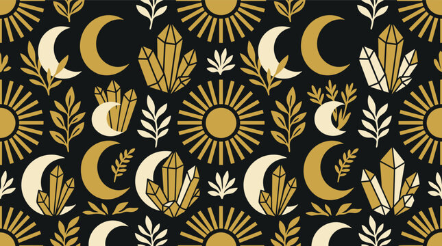 Mystical seamless pattern featuring golden suns, crescent moons, crystals, and leafy branches on a dark background, for esoteric and celestial