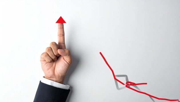 Business Hand Pointing at Red Upward Arrow Beside Falling Chart on White Background
