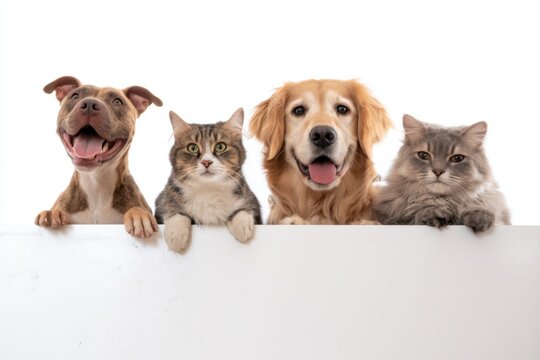 The Pets Peeking Over a White Signboard with Two Dogs and Two Cats Smiling