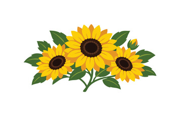 Obraz premium Three yellow sunflowers with green leaves isolated on white background sun flower sunflower