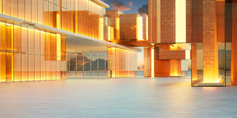 3D Modern building facades glowing with sunset light and reflections © jamesteoh.art