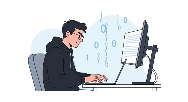 Young programmer working on computer, coding with binary code and data flow in modern flat illustration style