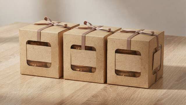 Three kraft paper gift boxes with ribbon bow and window on wooden table product mockup wide