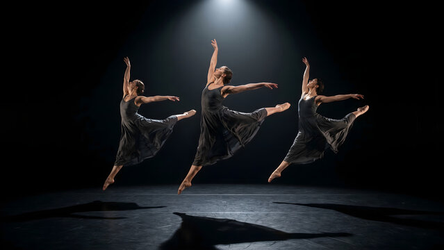 Group of elegant female ballet dancers performing a synchronized jump on a dark stage illuminated by a bright overhead spotlight