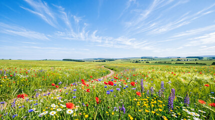 Obraz premium spectacular vibrant spring wildflower meadow featuring red poppies blooming alongside rustic dirt path crossing peaceful green rural countryside under sunny blue sky