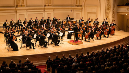 Obraz premium Symphony Orchestra Performing Classical Musical Compositions for an Engaged Audience in an Elegant Grand Concert Hall